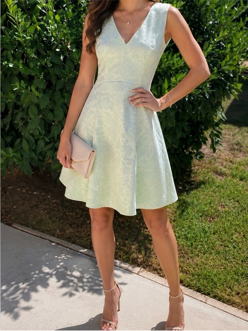 New York & Company Light Mint Green V-Neck Fit-and-Flare Dress